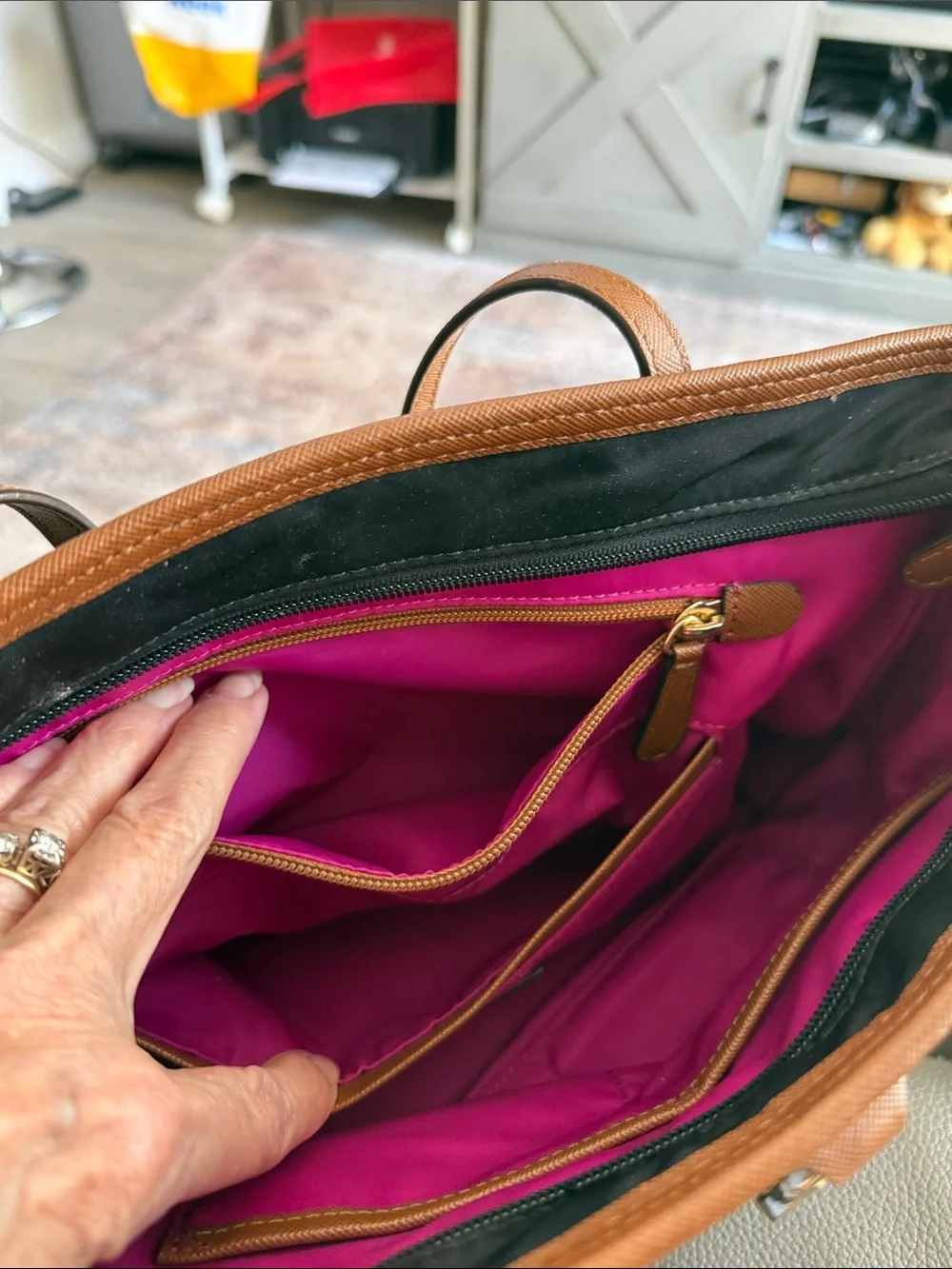 Michael Kors Black Tote with Brown Leather Trim and Gold Hardware